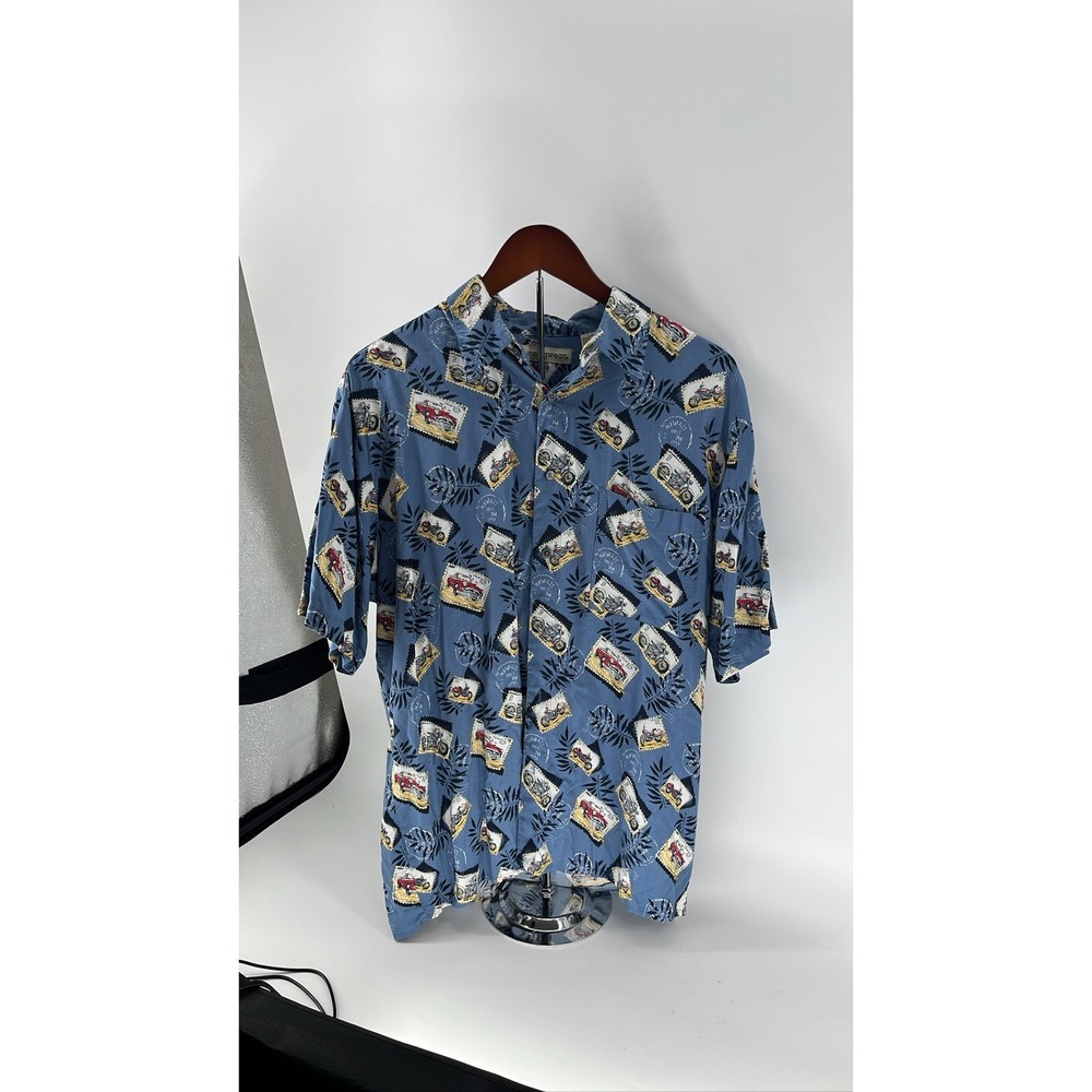 Munsingwear Mens Blue Motorcycle Stamp Print Rayon Short Sleeve Button Down L